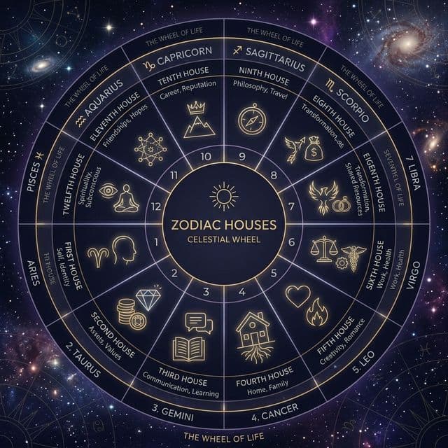 Meanings of astrological houses and the core life areas they represent.