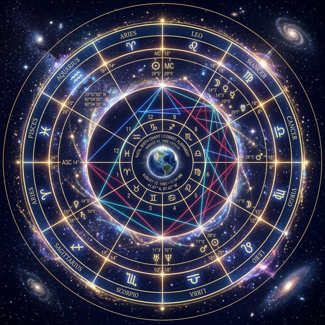 A professional circular natal birth chart map showing planetary positions