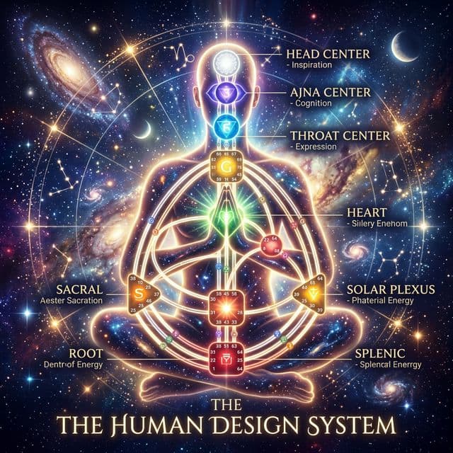 İnsan silueti ile entegre edilmiş İnsan Tasarımı (Human Design) yüksek teknolojili enerjik vücut grafiği